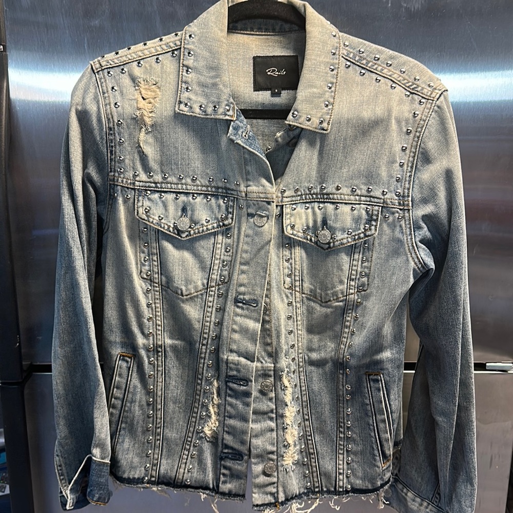 Rails Light Wash Denim Jean Jacket With Distessing And Silver Studs Small